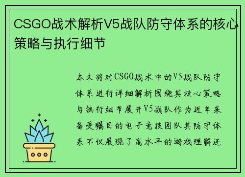 CSGO战术解析V5战队防守体系的核心策略与执行细节