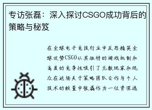 专访张磊：深入探讨CSGO成功背后的策略与秘笈